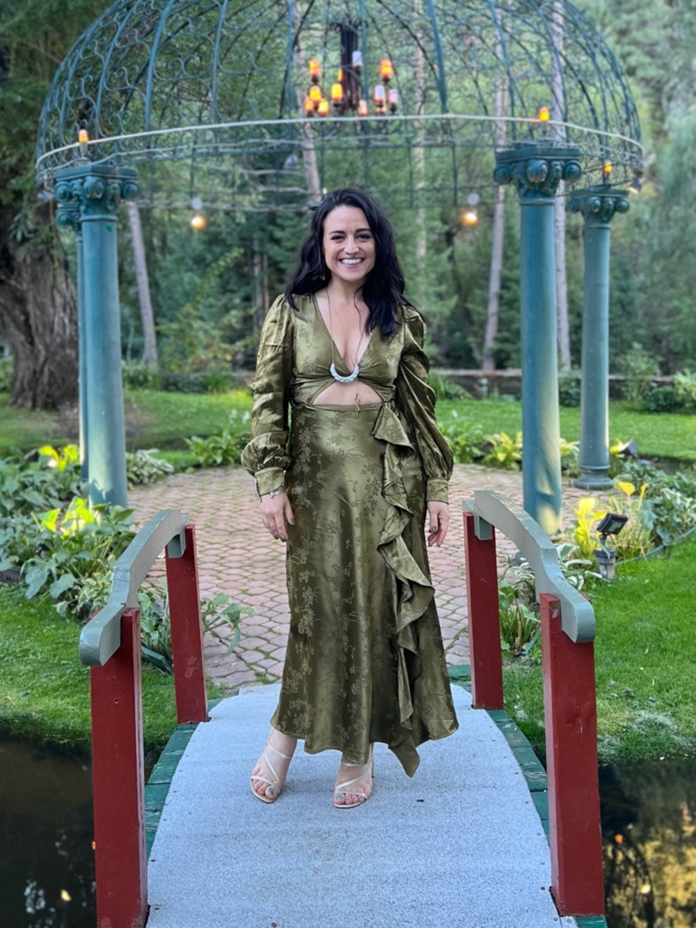 Le Lis Olive Green Satin Ruffle Maxi Dress